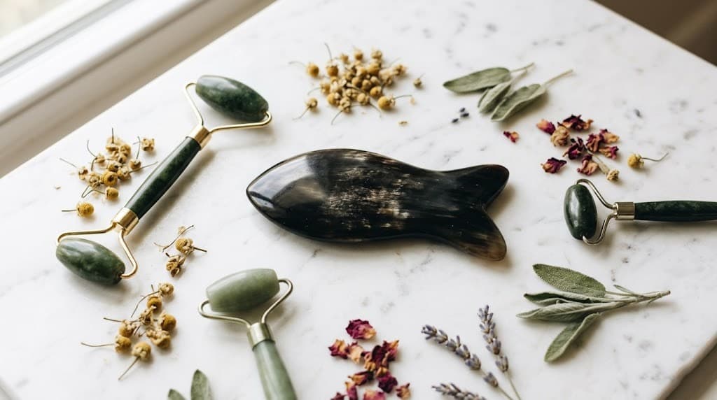 Bojin ox horn tool and jade rollers on marble surface