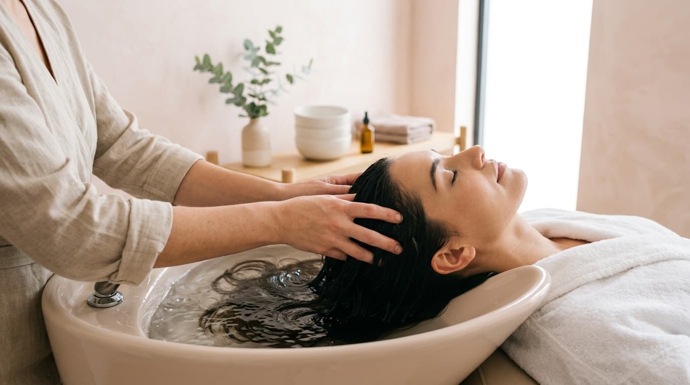 Client receiving a Japanese-style head spa scalp massage at SkinBar Serangoon