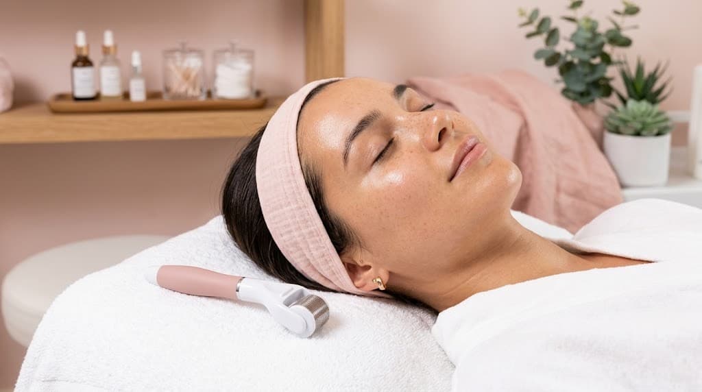 Client relaxing during a microneedling skin renewal session